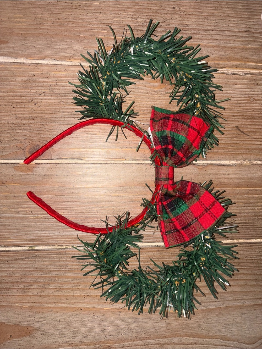 Custom Disney Mickey Mouse Festive Ears with Green Pine + Red Plaid - light up!